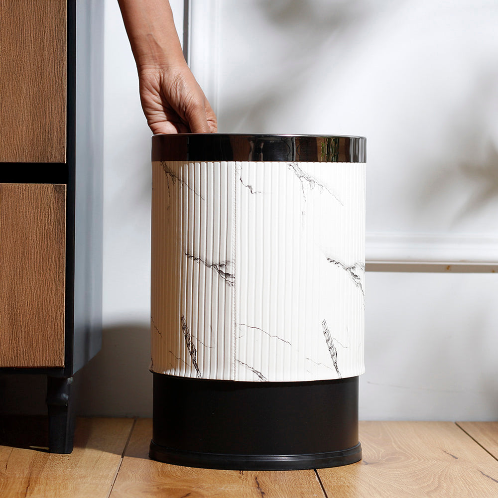 Columns Waste Bin - White Marble & Dark Steel