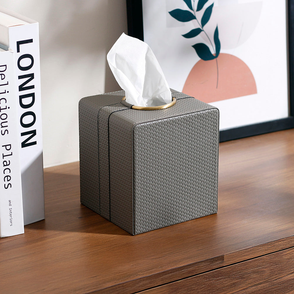 Weave Square Tissue Box Holder - Grey & Gold