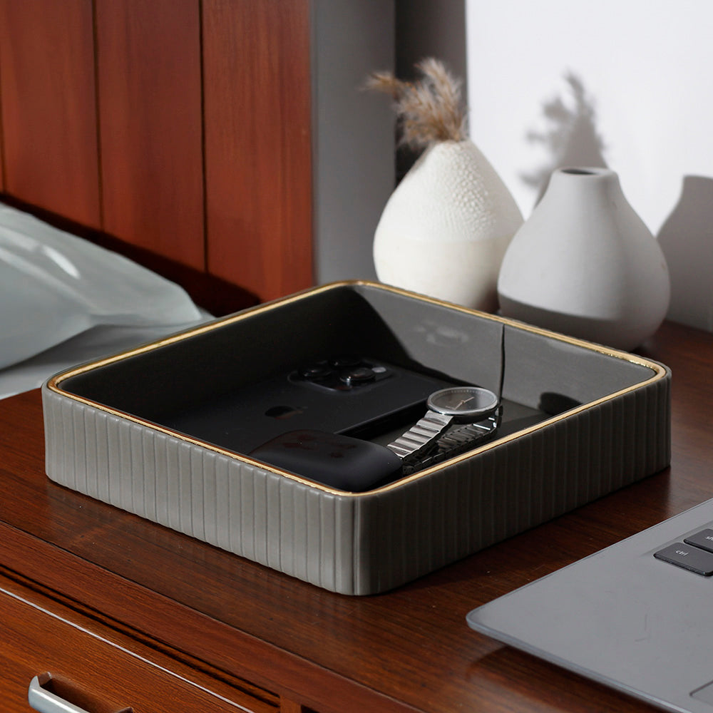 Columns Square Leather Valet Tray - Dark Grey