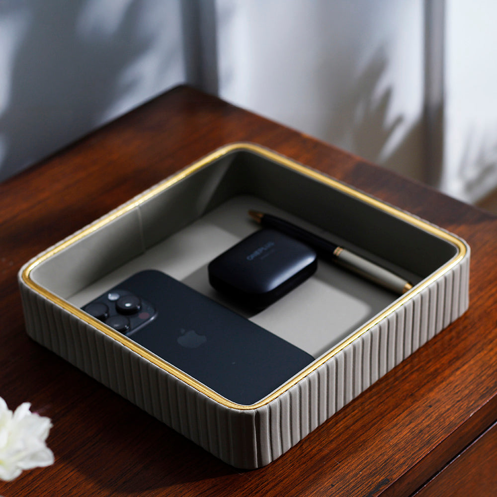 Columns Square Leather Valet Tray - Light Grey