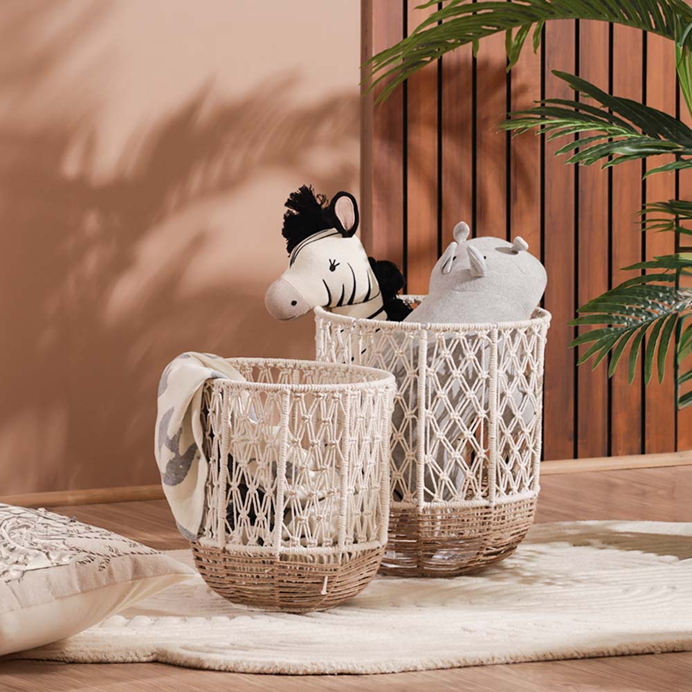Macrame Harlequin Baskets, Set of 2 - Cream Brown
