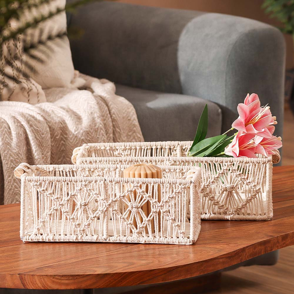 Macrame Honeycomb Rectangular Baskets, Set of 2 - Cream