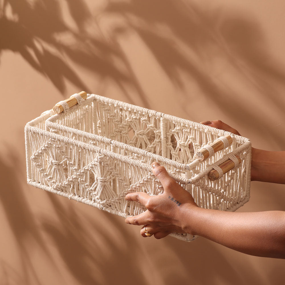 Macrame Honeycomb Rectangular Baskets, Set of 2 - Cream