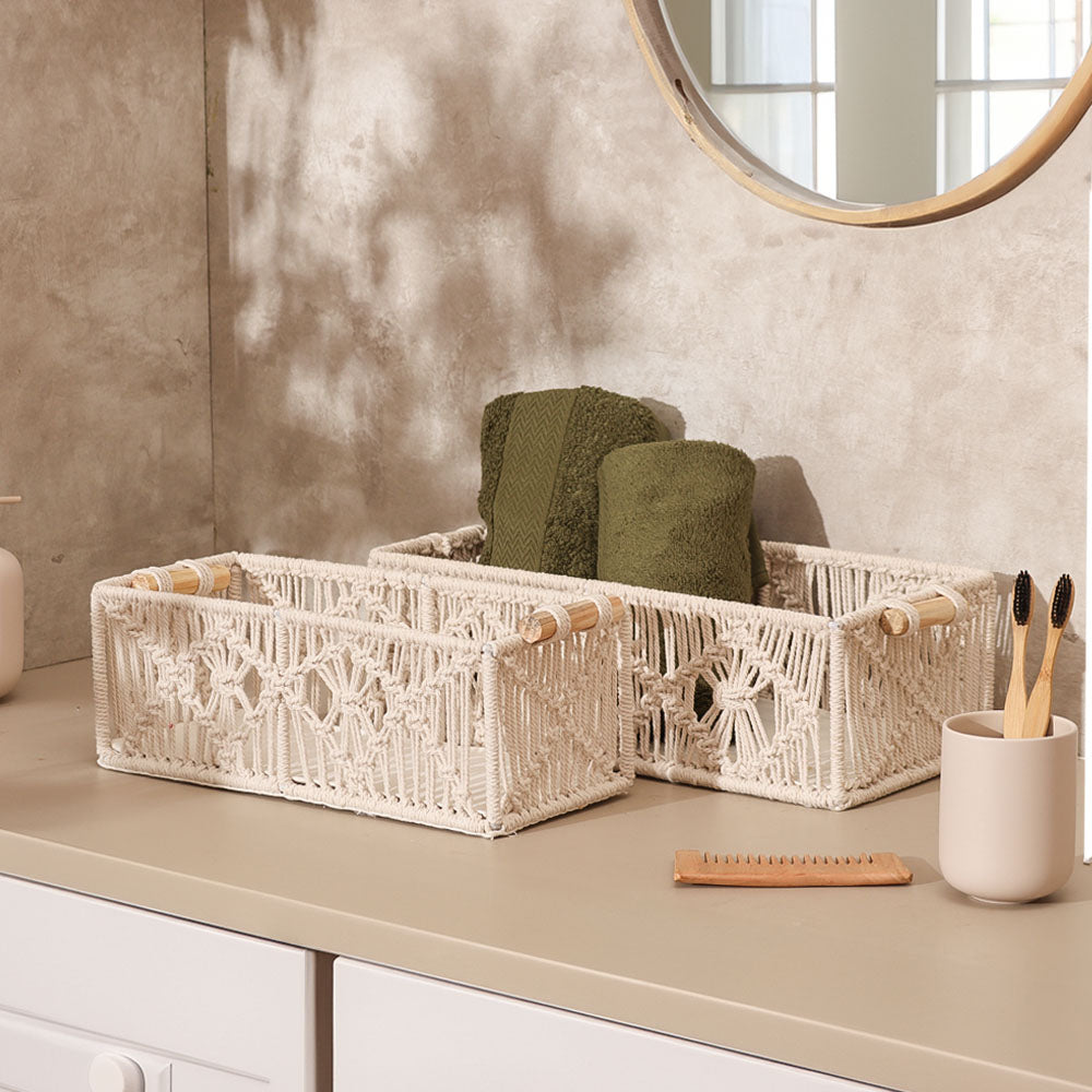 Macrame Honeycomb Rectangular Baskets, Set of 2 - Cream