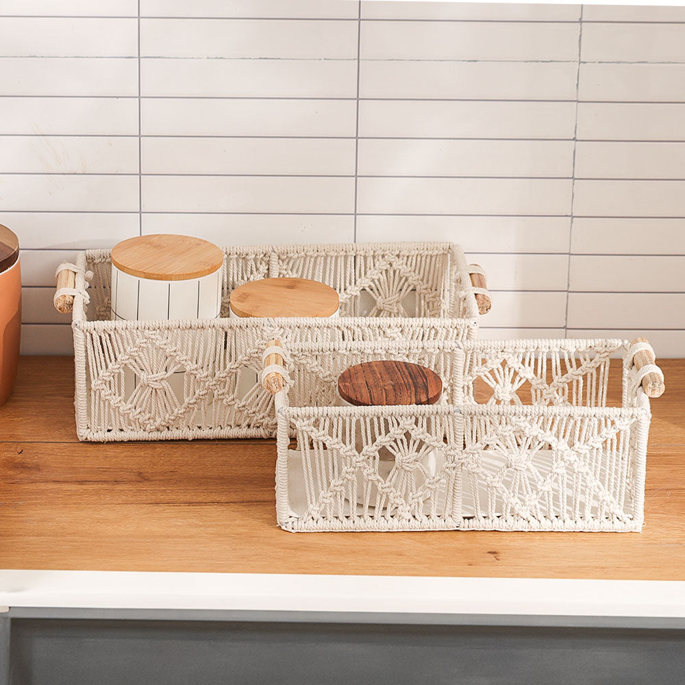Macrame Honeycomb Rectangular Baskets, Set of 2 - Cream