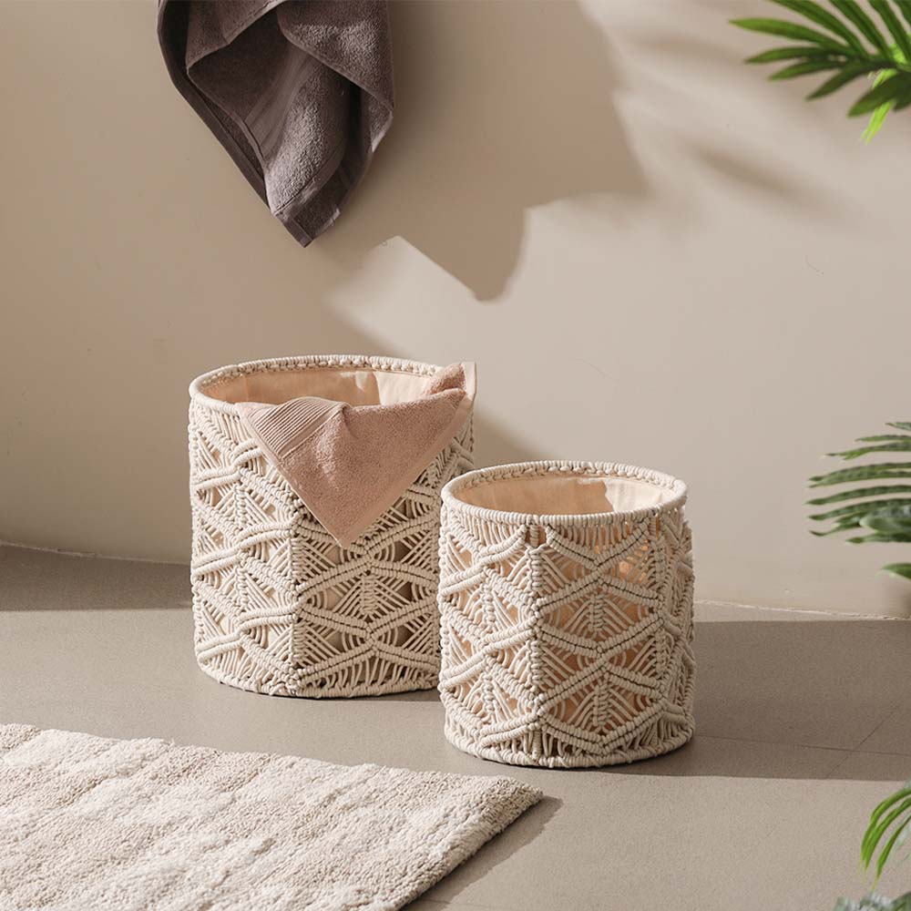Macrame Honeycomb Round Baskets, Set of 2 - Cream