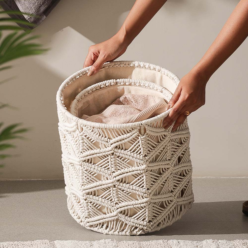 Macrame Honeycomb Round Baskets, Set of 2 - Cream