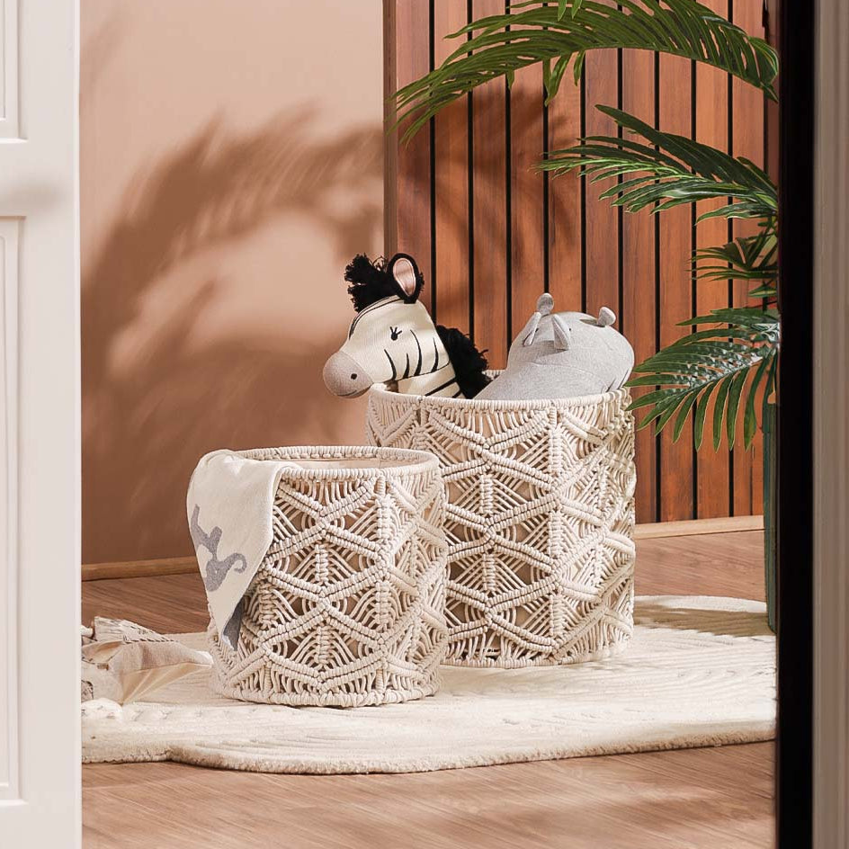 Macrame Honeycomb Round Baskets, Set of 2 - Cream