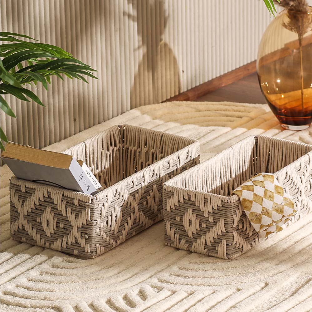 Macrame Ikat Rectangular Baskets, Set of 2 - Cream