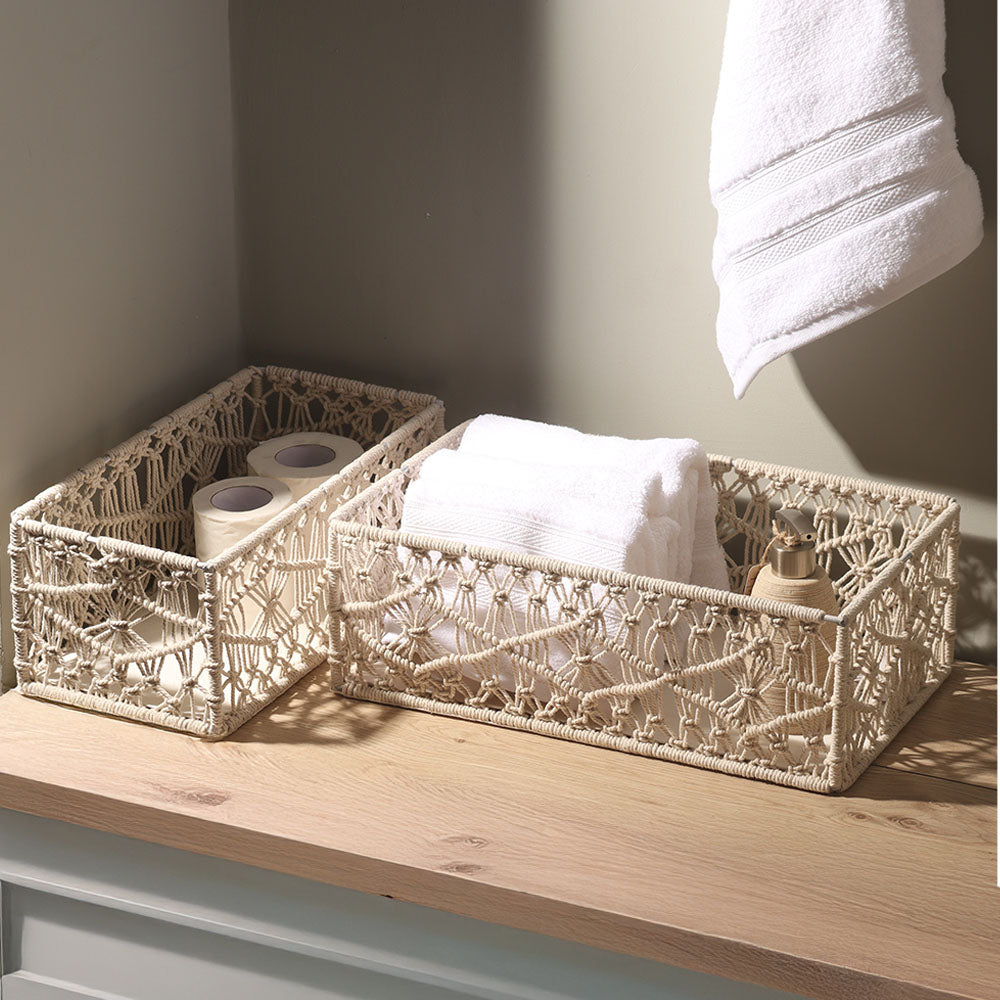 Macrame Rectangular Storage Boxes, Set of 2 - Ivory