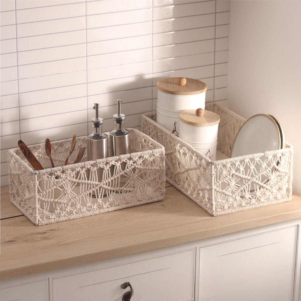 Macrame Rectangular Storage Boxes, Set of 2 - Ivory