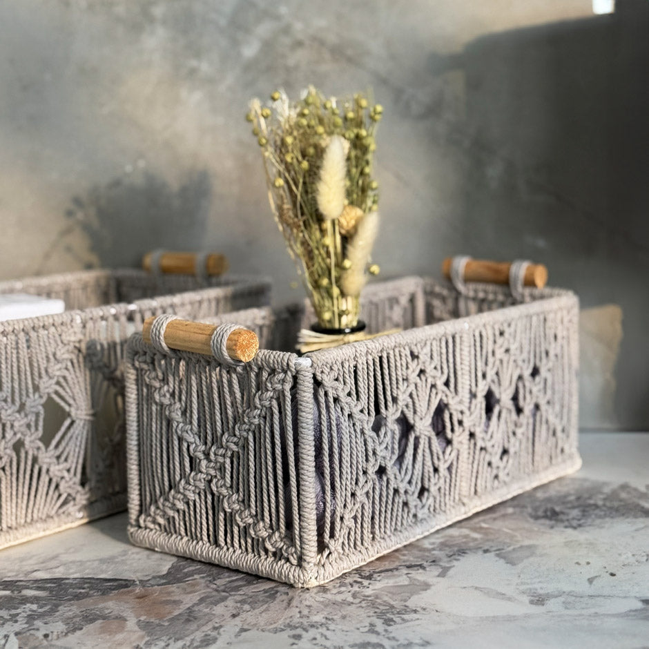 Macrame Rectangular Storage Boxes with Handles, Set of 2 - Grey