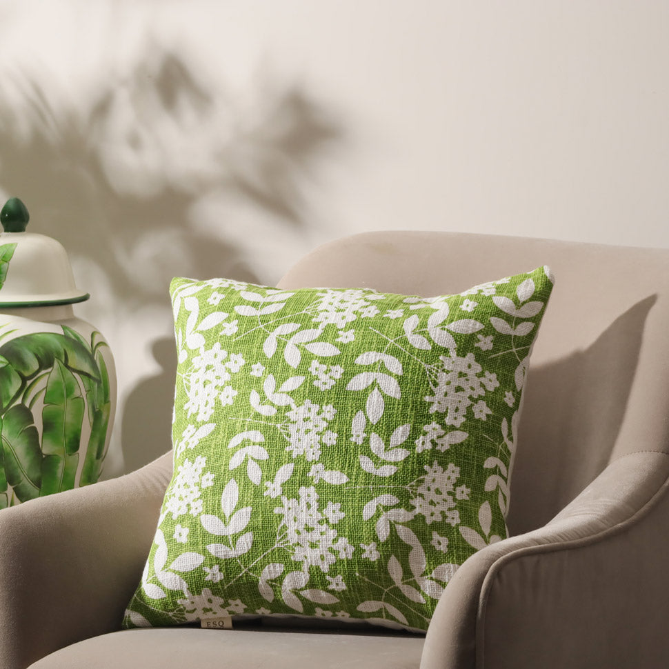 Magnolia Printed Cotton Cushion Cover 45x45cm - Green White