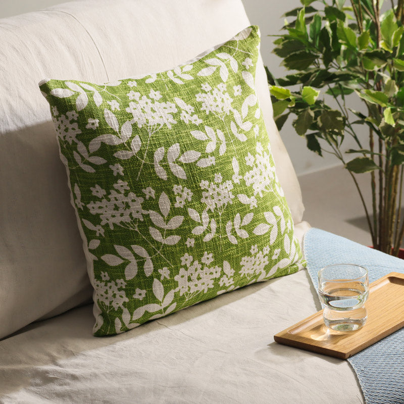 Magnolia Printed Cotton Cushion Cover 45x45cm - Green White