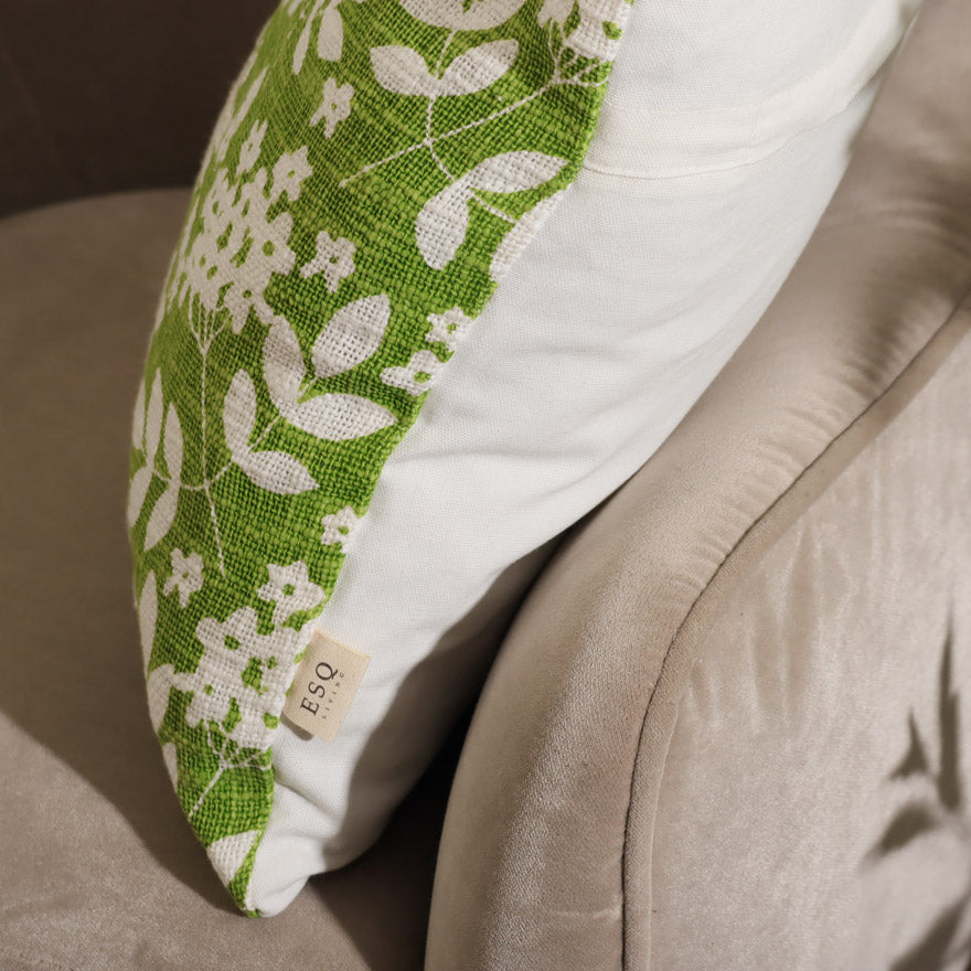 Magnolia Printed Cotton Cushion Cover - Green White