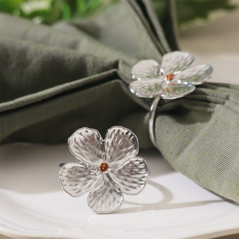 Magnolia Napkin Rings, Set of 6 - Silver