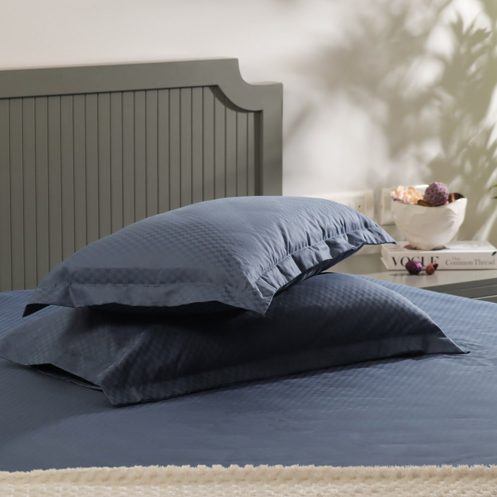 Maison Checks King Size Cotton Bedsheet Set - Navy