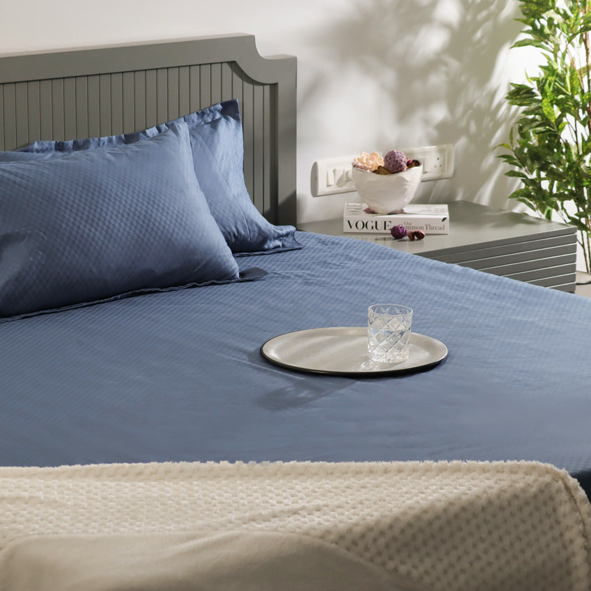 Maison Checks King Size Cotton Bedsheet Set - Navy