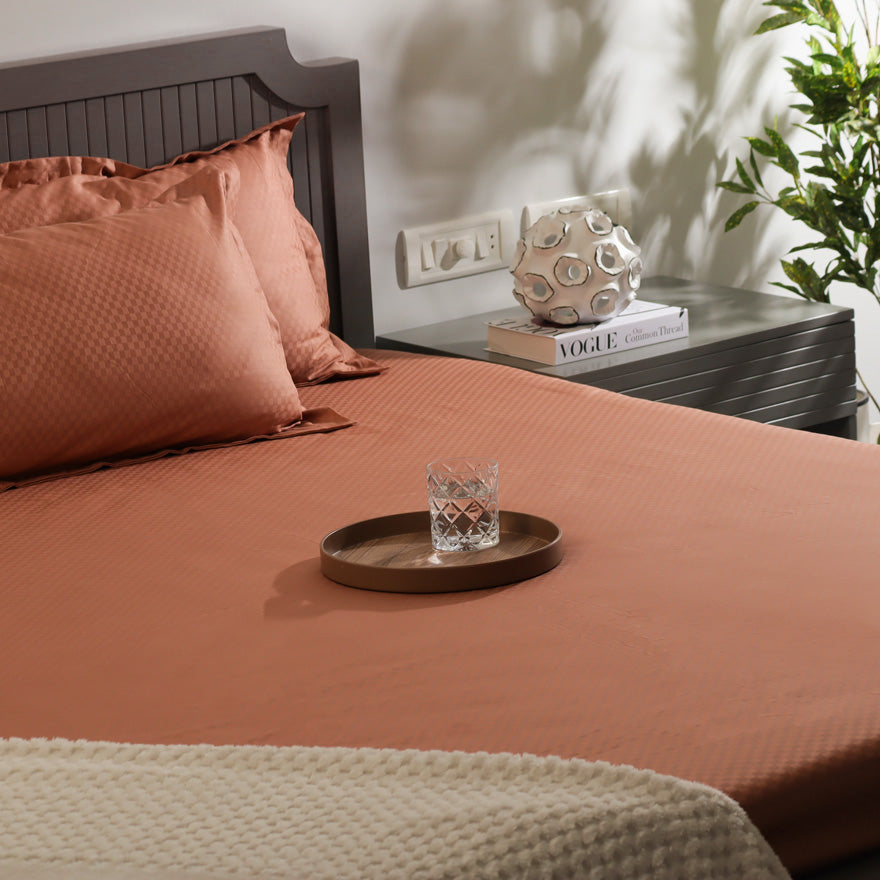 Maison Checks King Size Cotton Bedsheet Set - Dark Peach