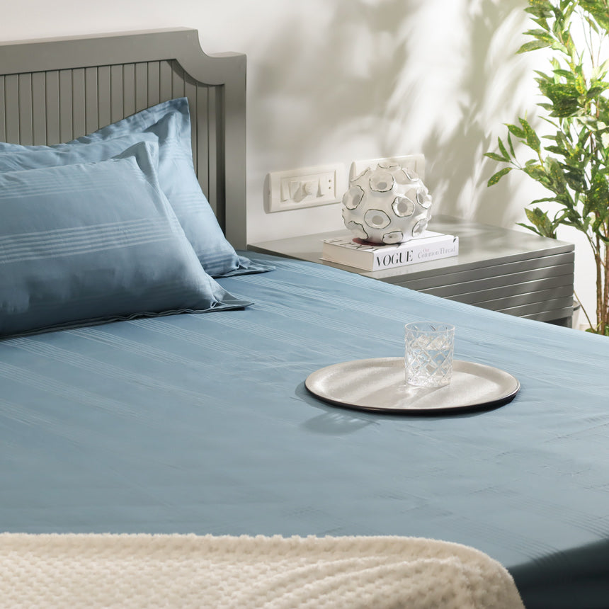 Maison Stripes King Size Cotton Bedsheet Set - Steel Blue