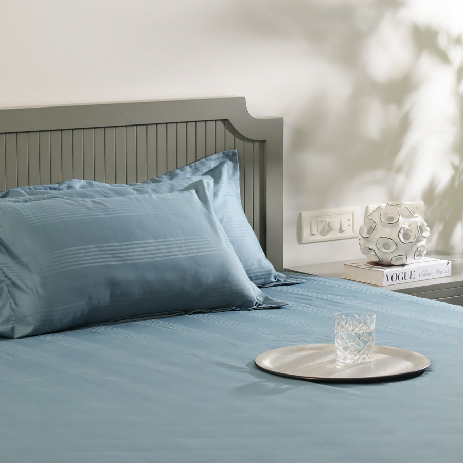 Maison Stripes King Size Cotton Bedsheet Set - Steel Blue