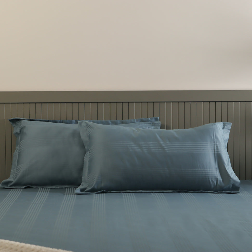 Maison Stripes King Size Cotton Bedsheet Set - Steel Blue