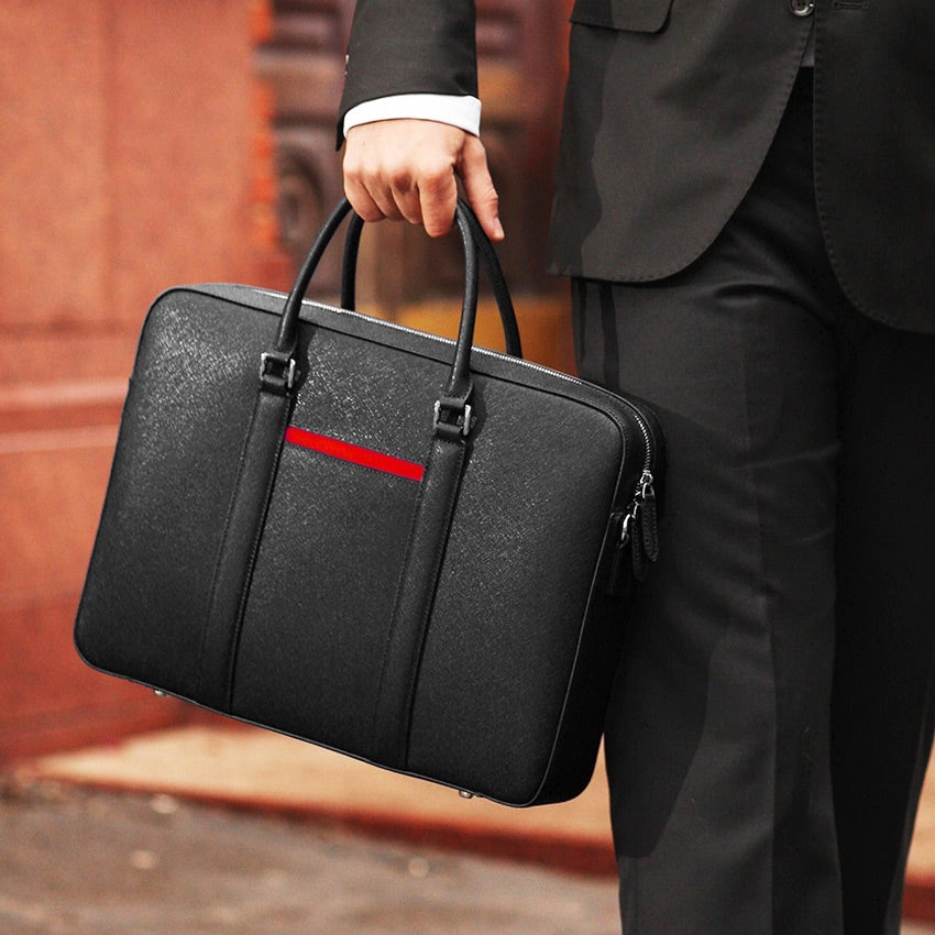 Manhattan Leather Briefcase - Black & Racing Red