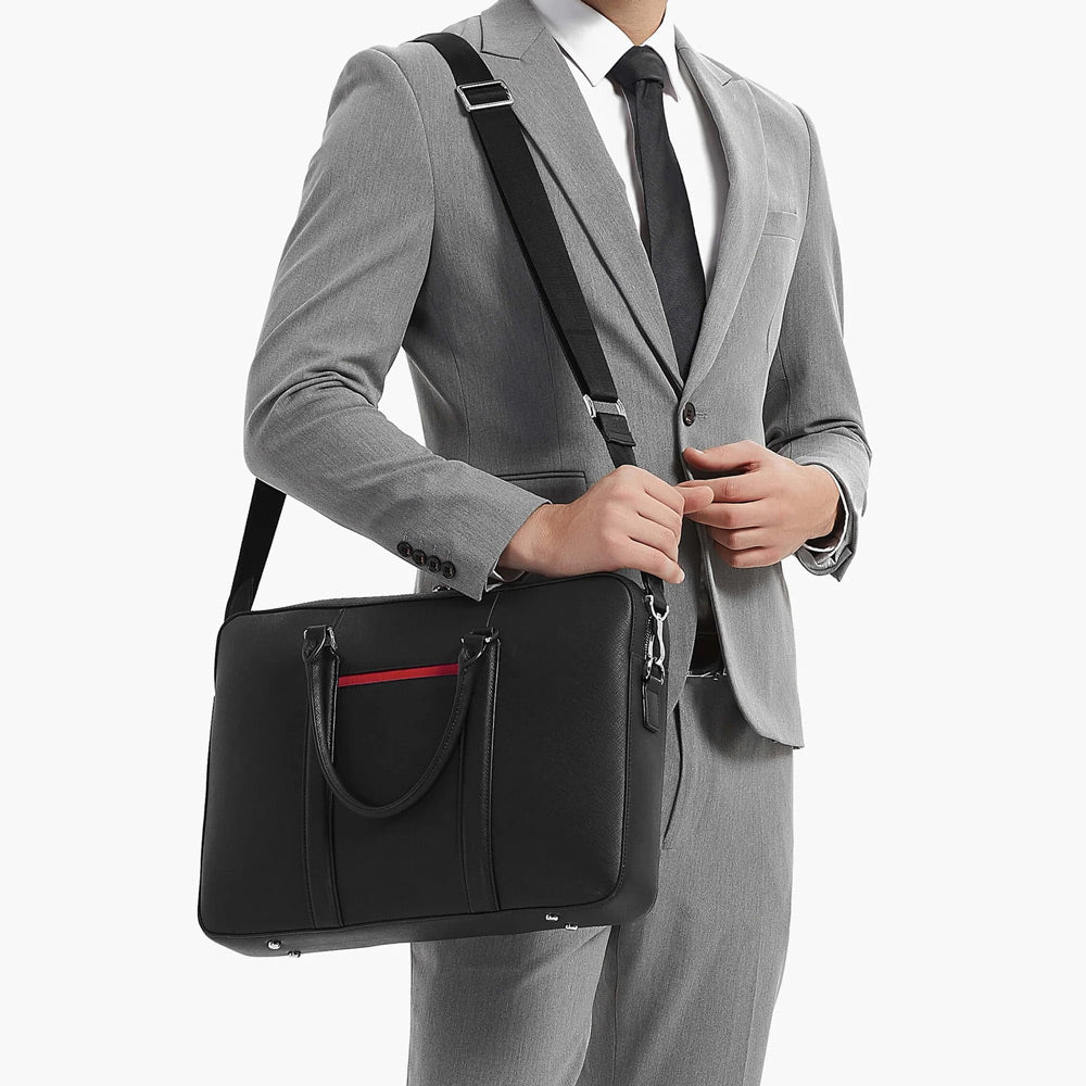 Manhattan Leather Briefcase - Black & Racing Red