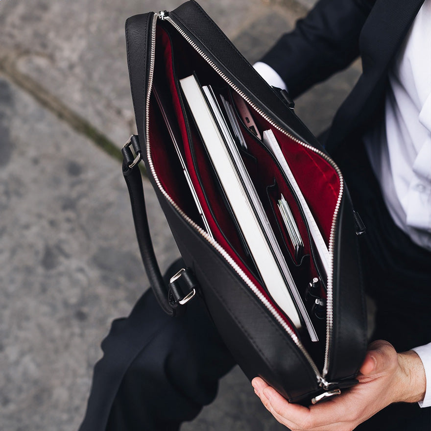 Manhattan Leather Briefcase - Black & Racing Red