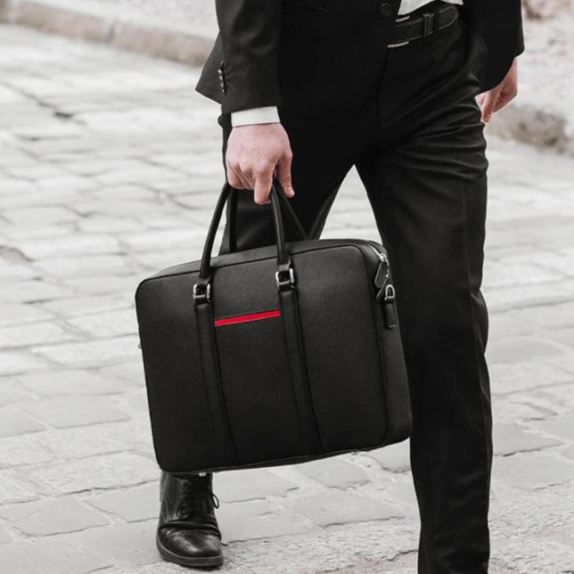 Manhattan Leather Briefcase - Black & Racing Red