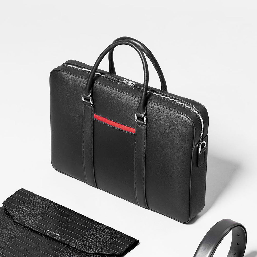 Manhattan Leather Briefcase - Black & Racing Red