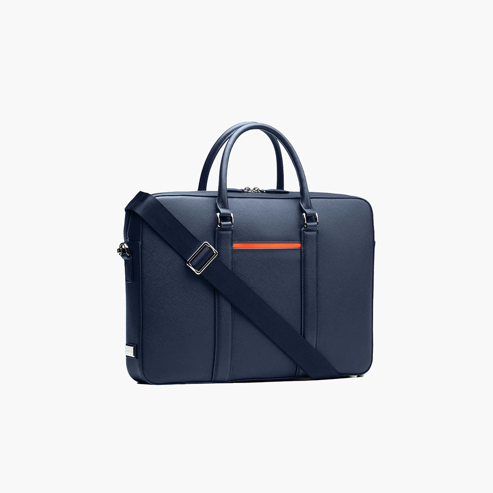 Manhattan Leather Briefcase - Navy & Tiger Orange