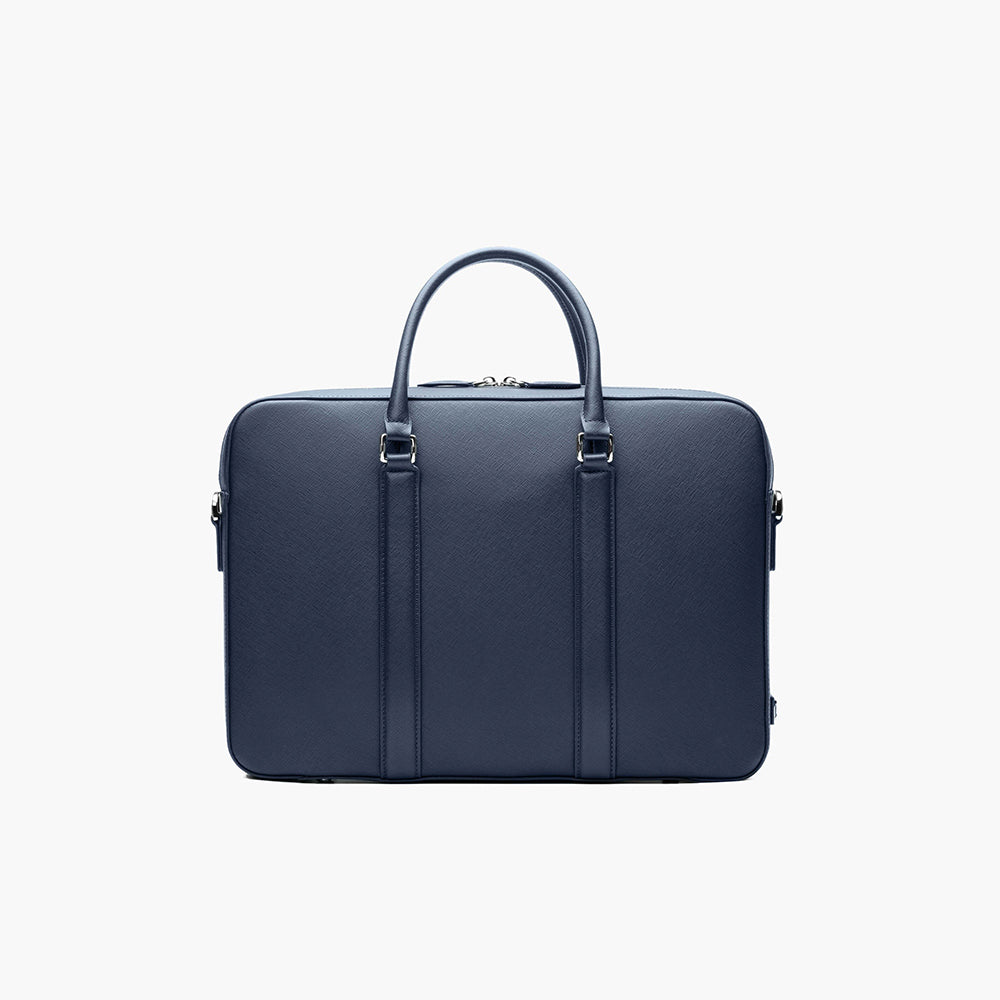 Manhattan Leather Briefcase - Navy & Tiger Orange