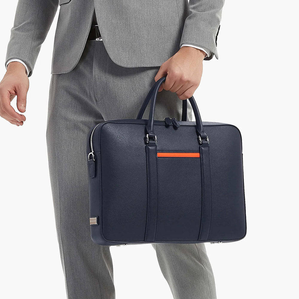 Manhattan Leather Briefcase - Navy & Tiger Orange