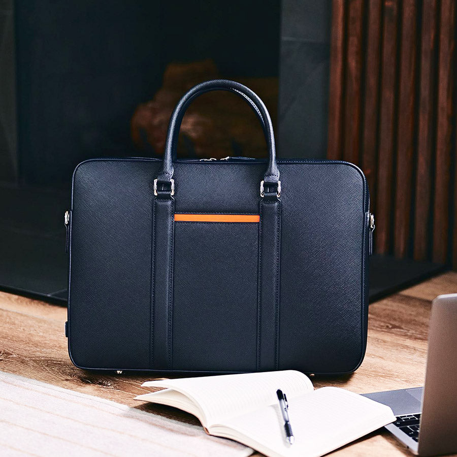 Manhattan Leather Briefcase - Navy & Tiger Orange