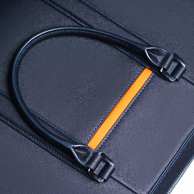 Manhattan Leather Briefcase - Navy & Tiger Orange