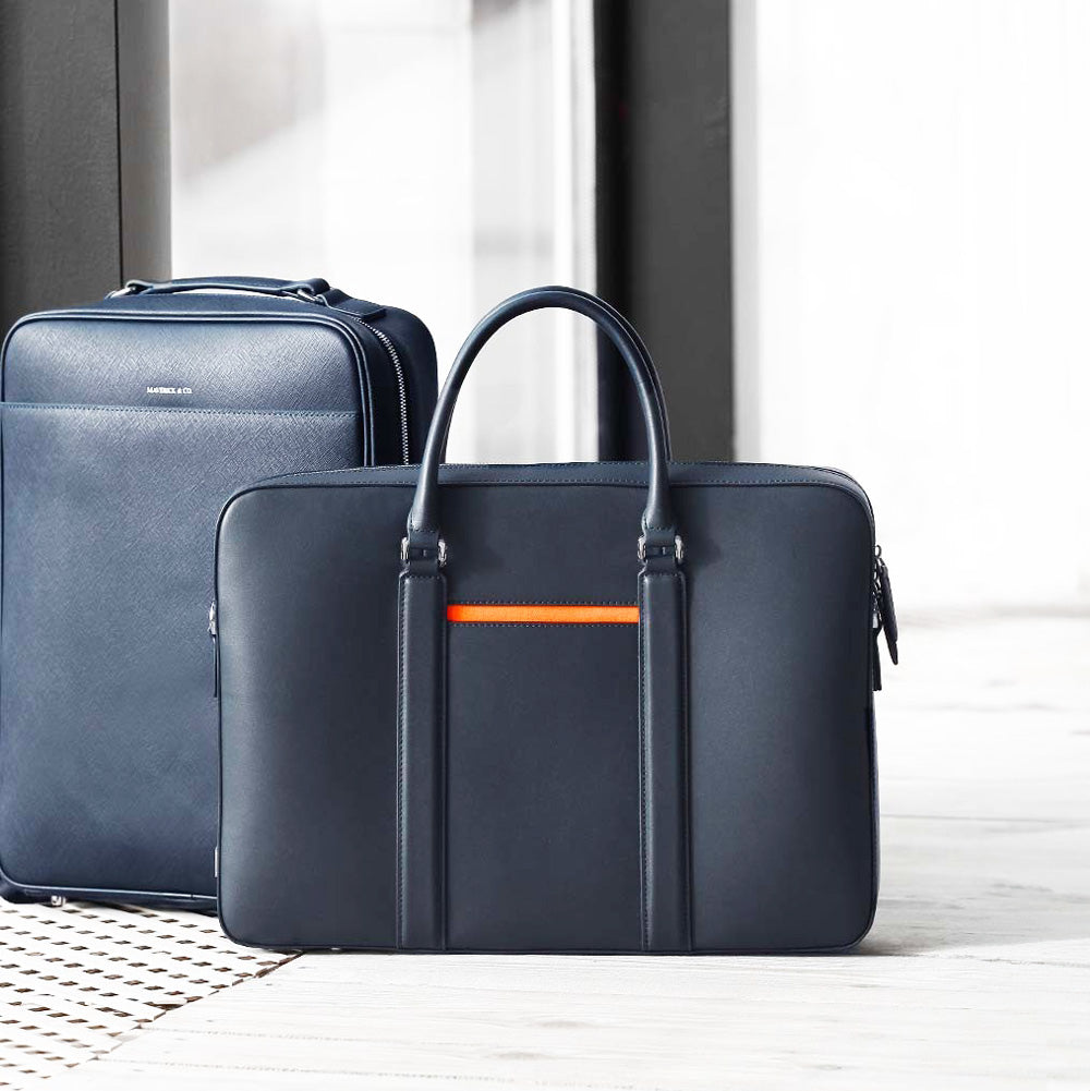 Manhattan Leather Briefcase - Navy & Tiger Orange