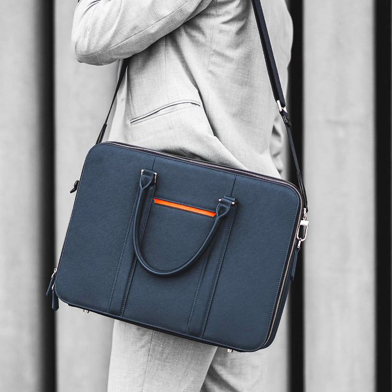 Manhattan Leather Briefcase - Navy & Tiger Orange