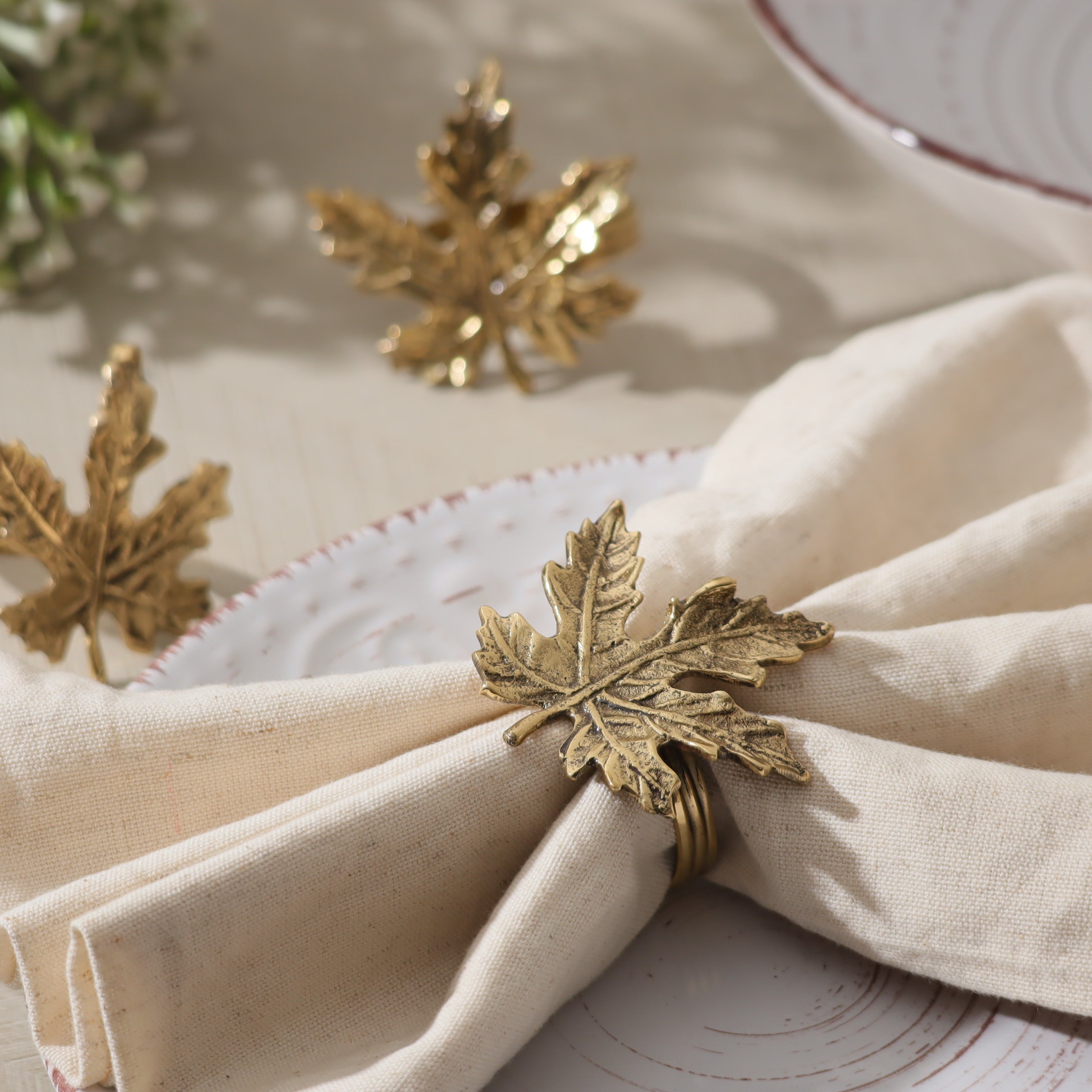 Maple Brass Napkin Rings, Set of 6 - Gold