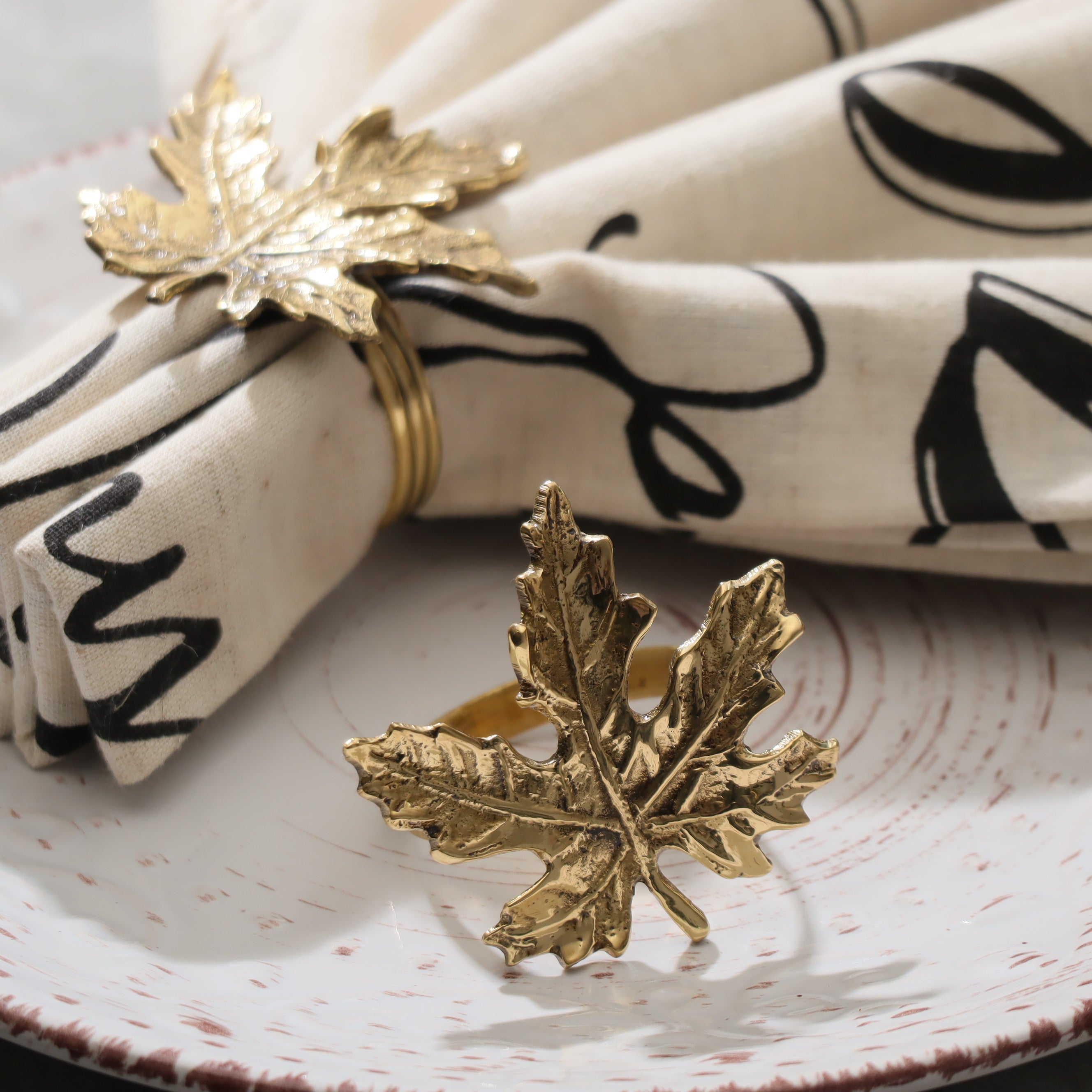 Maple Brass Napkin Rings, Set of 6 - Gold