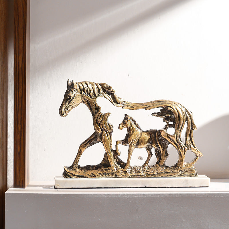 Mare and Foal Metal Sculpture - Antique Gold
