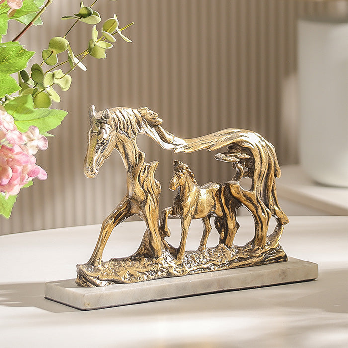 Mare and Foal Metal Sculpture - Antique Gold