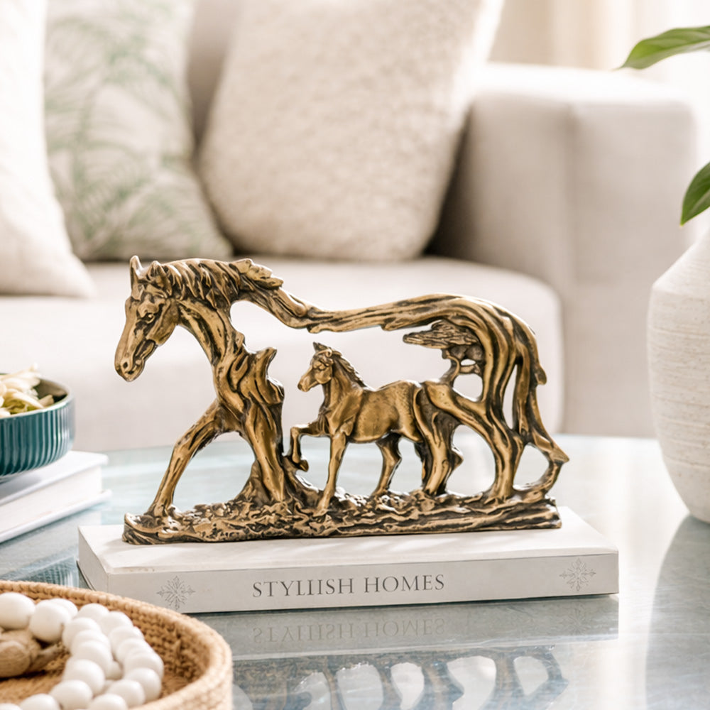 Mare and Foal Metal Sculpture - Antique Gold