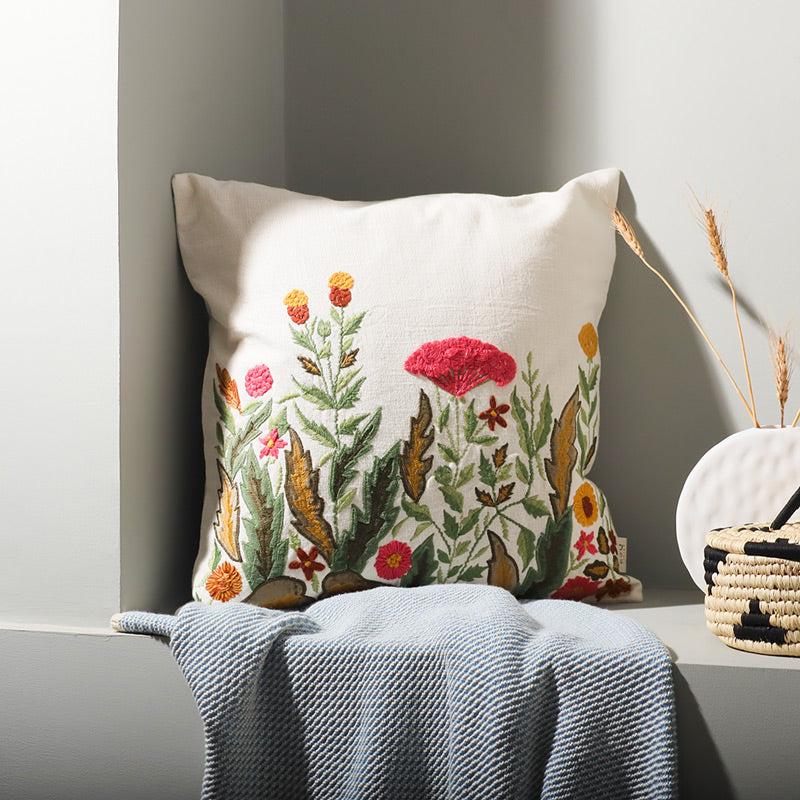 Meadow Embroidered Cotton Cushion Cover - Multicolor