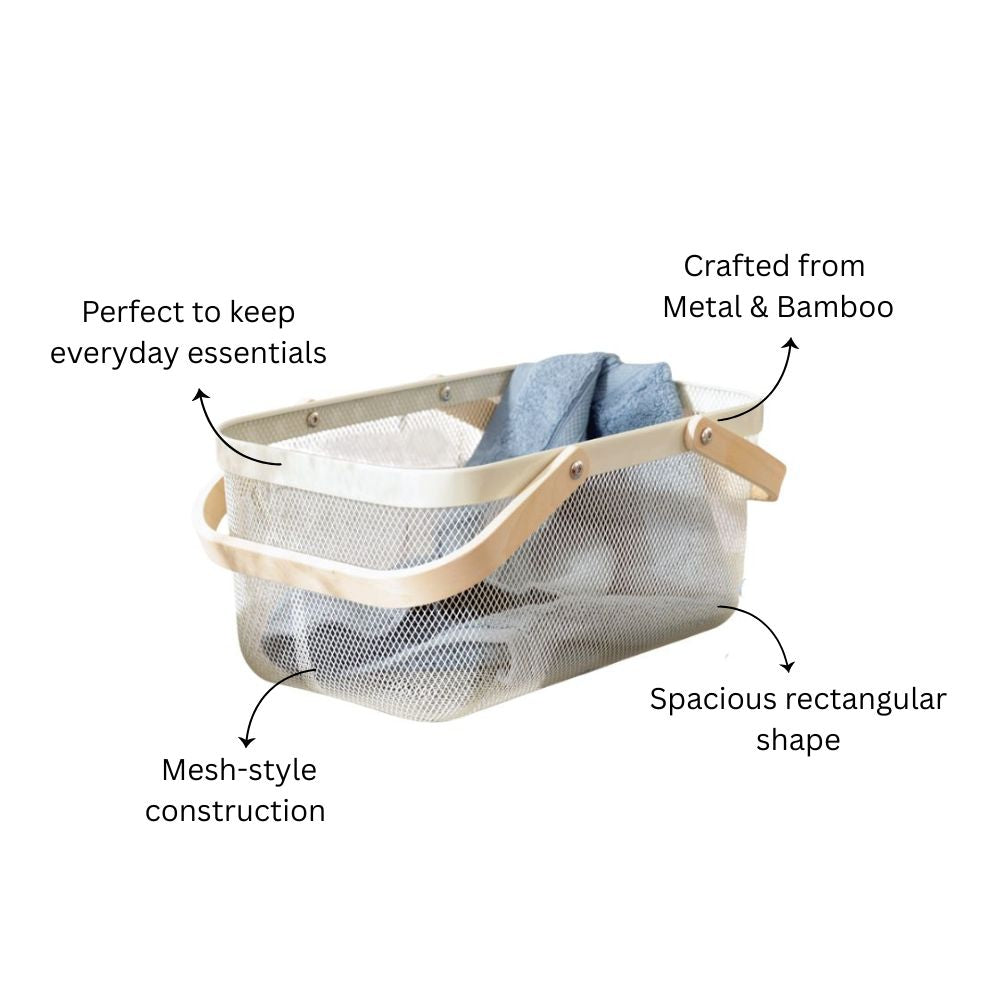 Mesh Rectangular Basket with Handle - Cream