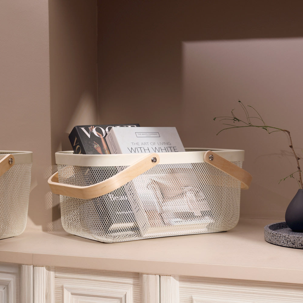 Mesh Rectangular Basket with Handle - Cream