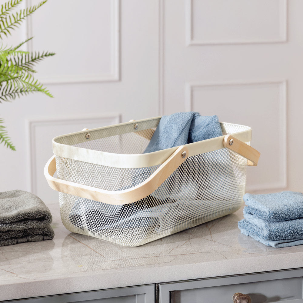 Mesh Rectangular Basket with Handle - Cream