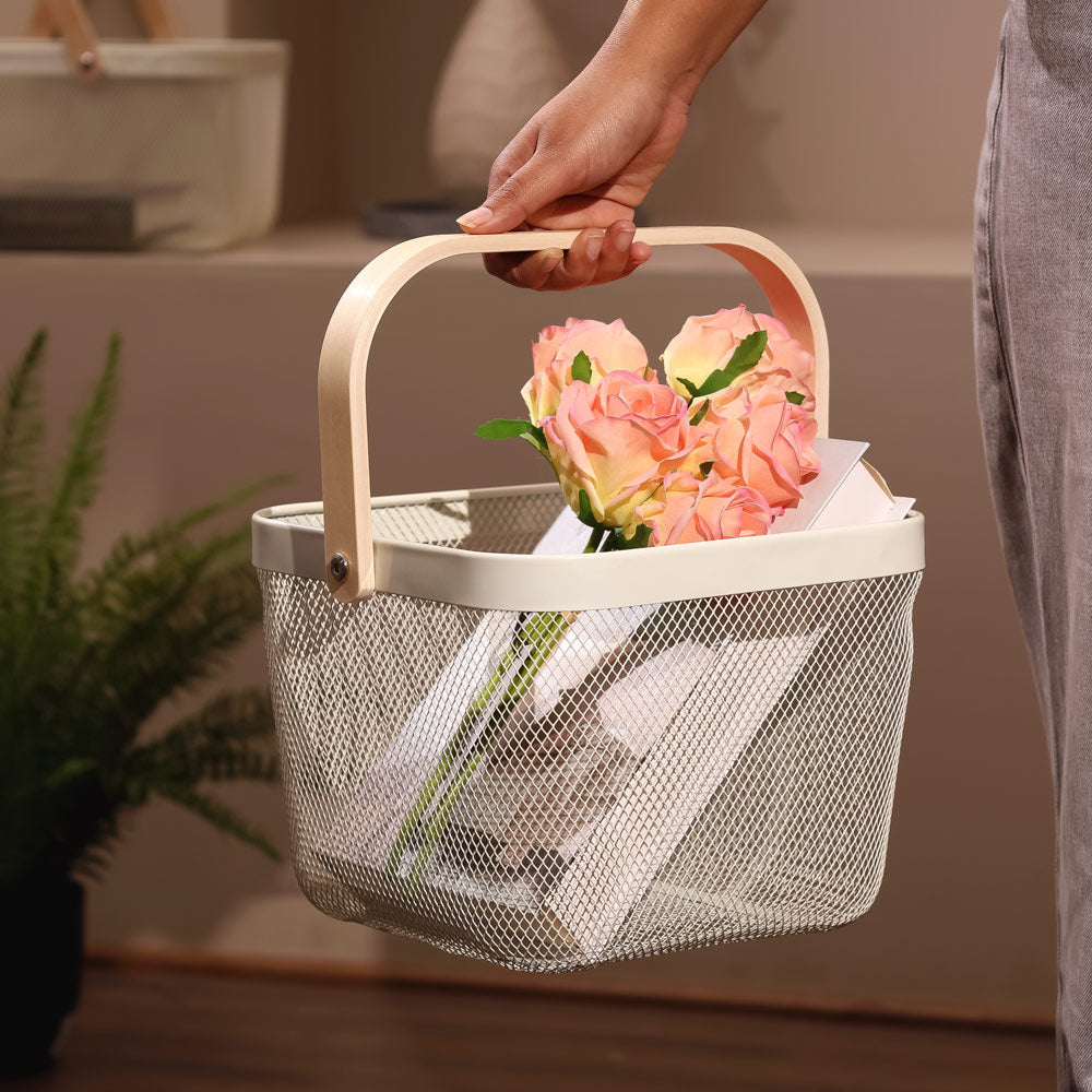Mesh Square Basket with Handle - Cream