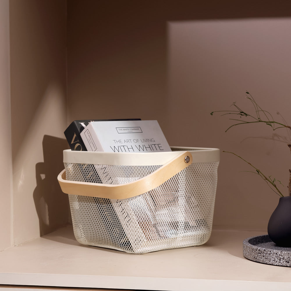 Mesh Square Basket with Handle - Cream