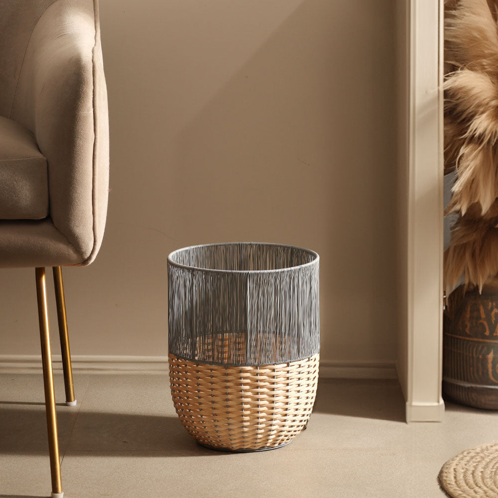 Metal and Rattan Open Basket - Beige Grey